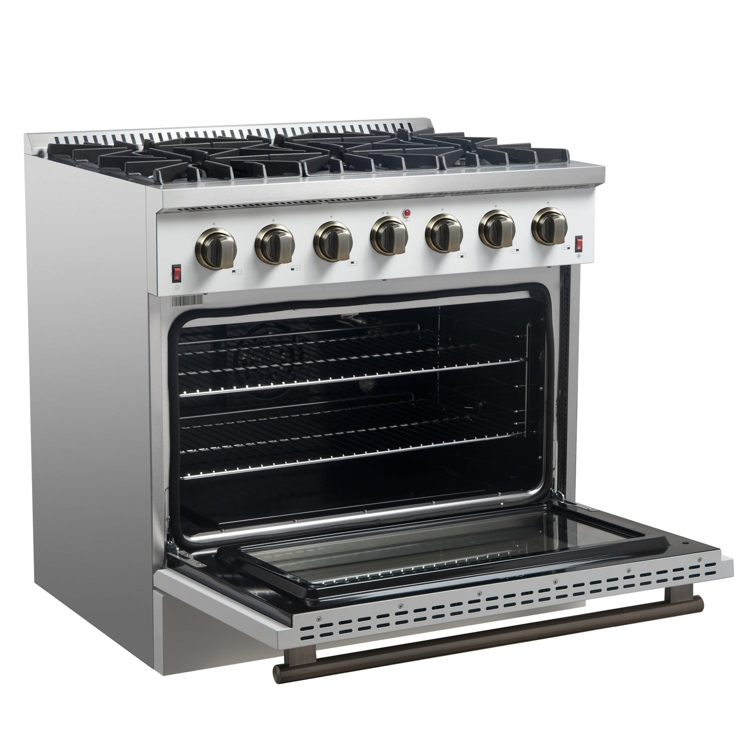 Forno Galiano 36-inch Freestanding Gas Range with Antique Brass Design, 6 Burners, Convection Oven