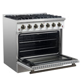Forno Galiano 36-inch Freestanding Gas Range with Antique Brass Design, 6 Burners, Convection Oven