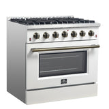 Forno Galiano 36-inch Freestanding Gas Range with Antique Brass Design, 6 Burners, Convection Oven