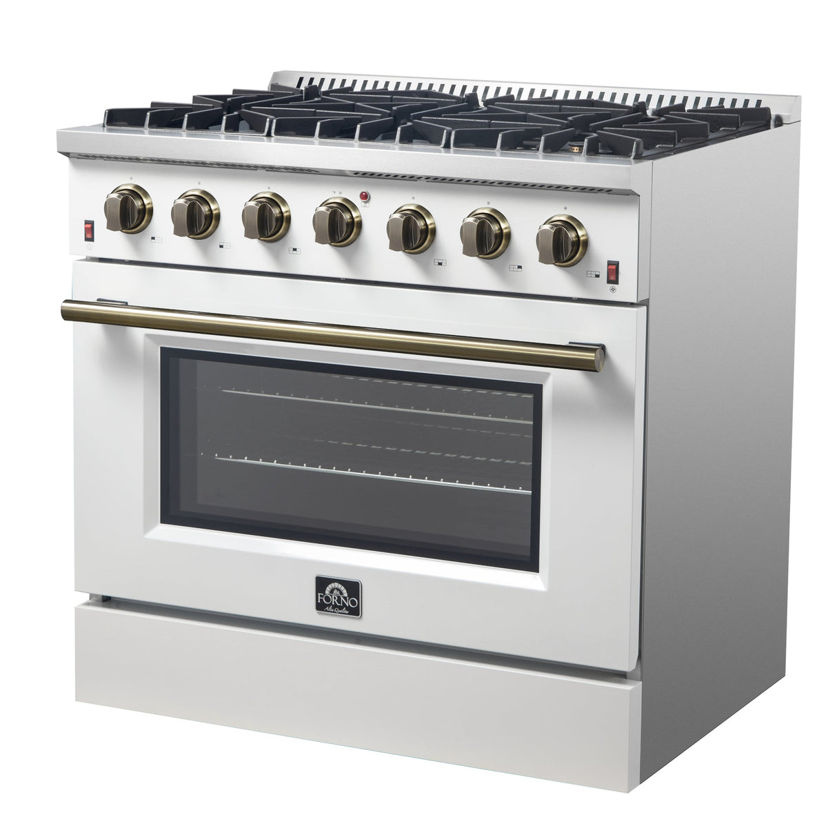 Forno Galiano 36-inch Freestanding Gas Range with Antique Brass Design, 6 Burners, Convection Oven