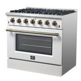 Forno Galiano 36-inch Freestanding Gas Range with Antique Brass Design, 6 Burners, Convection Oven