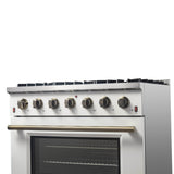 Forno Galiano 36-inch Freestanding Gas Range with Antique Brass Design, 6 Burners, Convection Oven