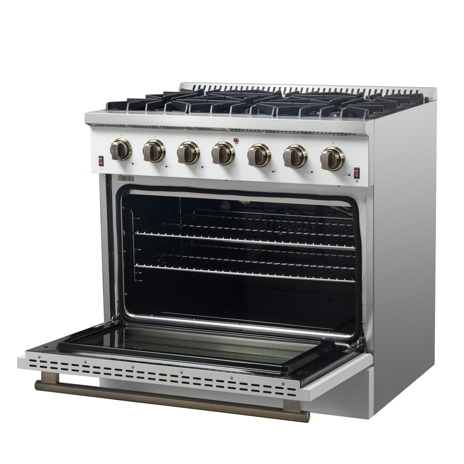 Forno Galiano 36-inch Freestanding Gas Range with Antique Brass Design, 6 Burners, Convection Oven