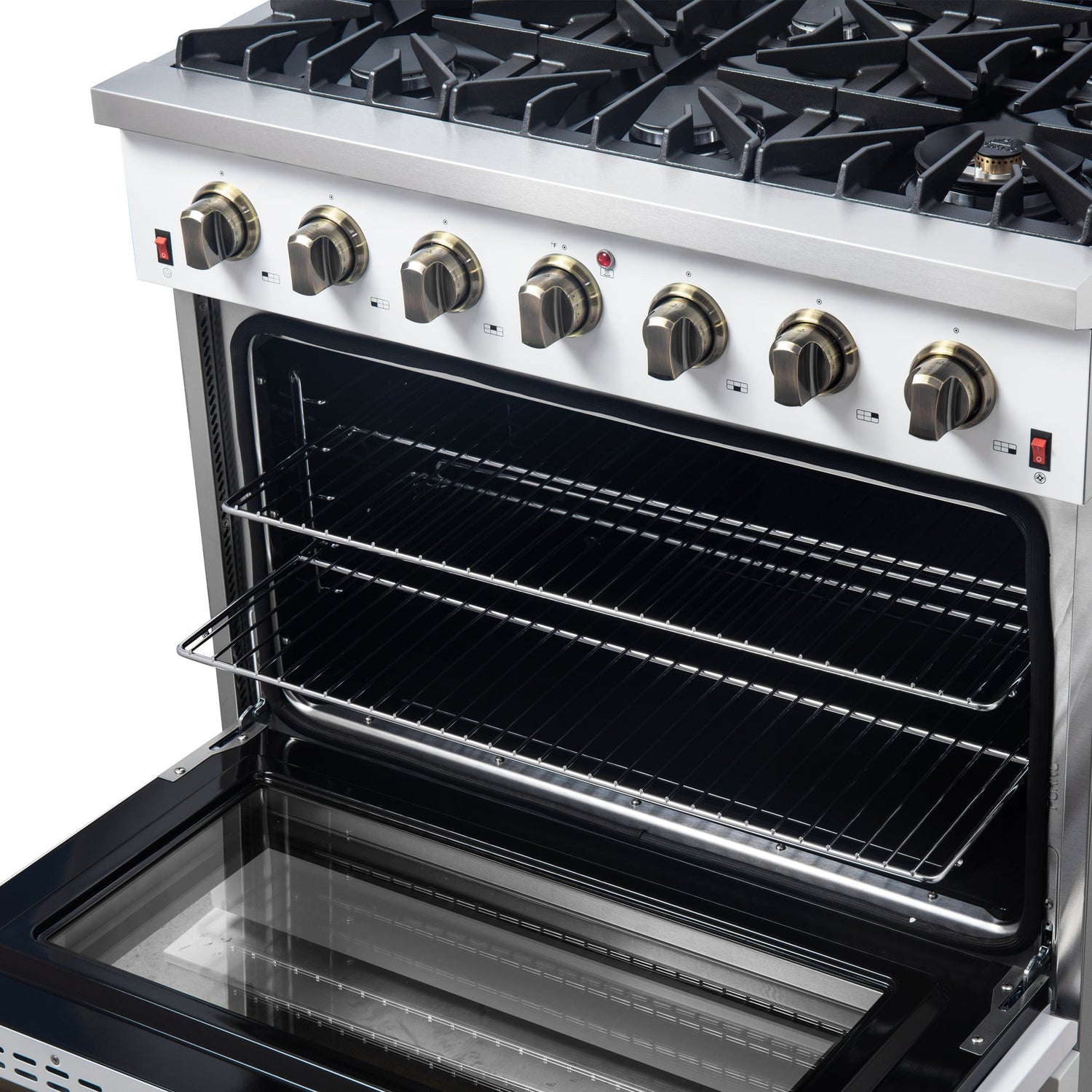 Forno Galiano 36-inch Freestanding Gas Range with Antique Brass Design, 6 Burners, Convection Oven