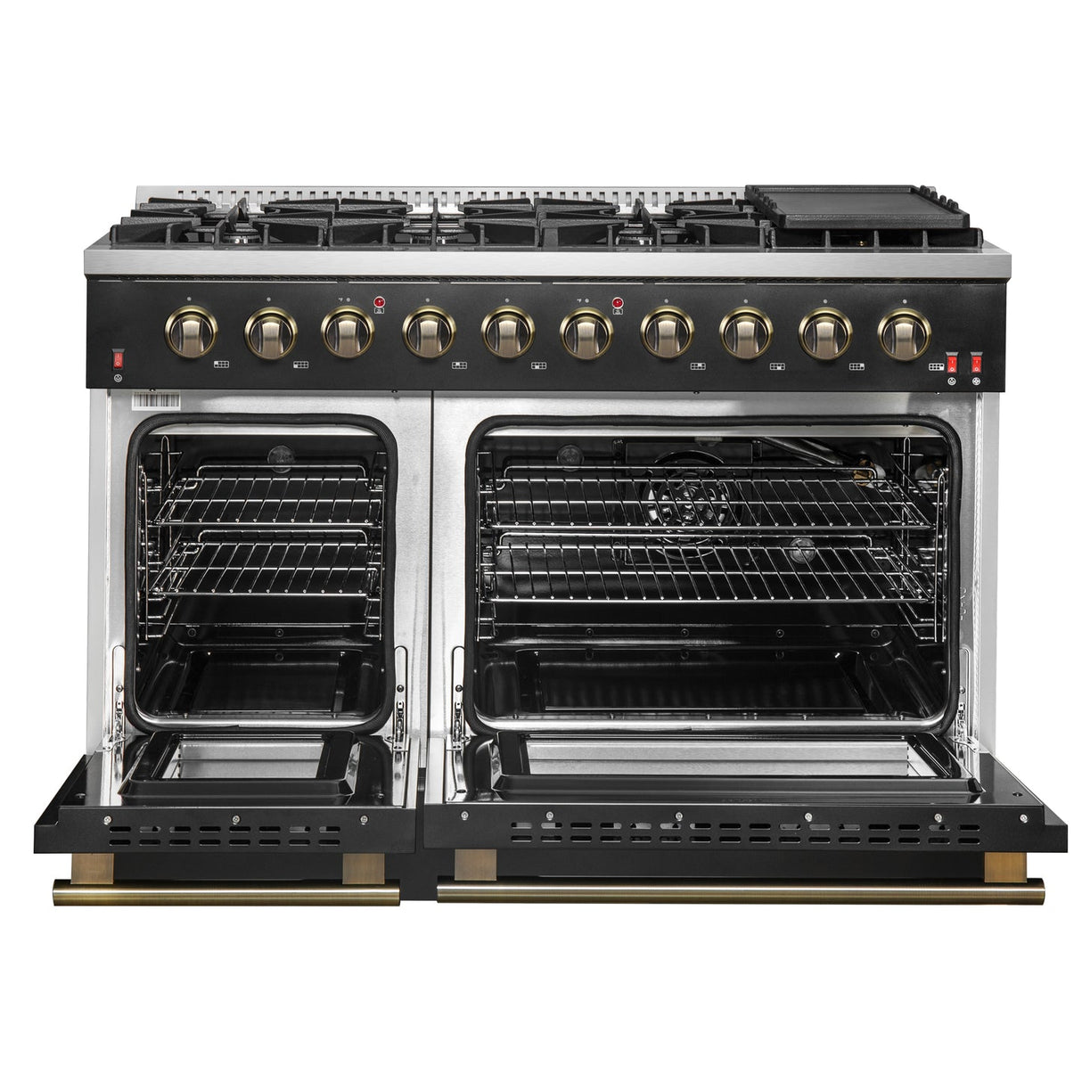 Forno Galiano 48-inch Gas Range with Antique Brass Design, 8 Burners, 107,000 BTU, Griddle, 6.58 cu.ft. Double Ovens