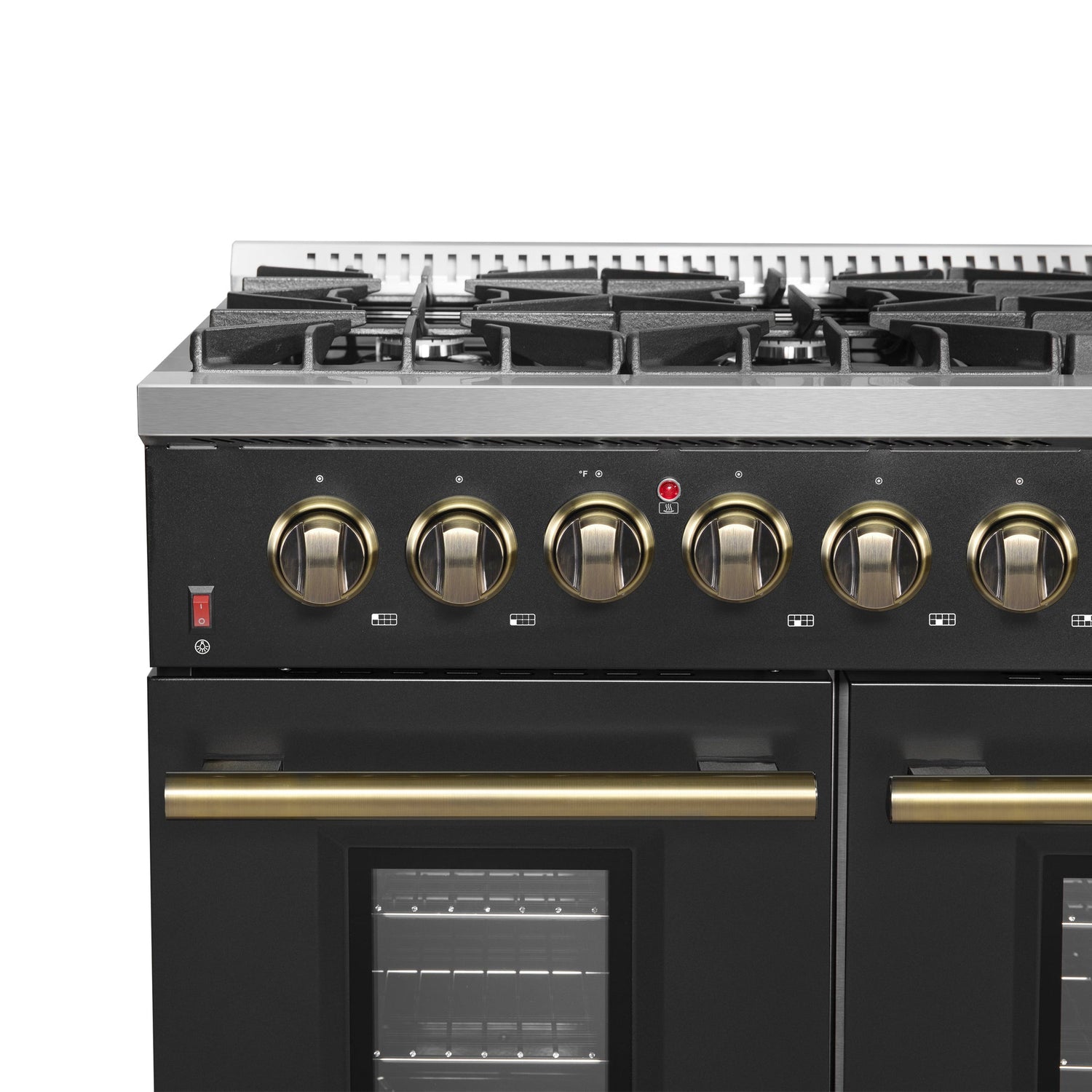 Forno Galiano 48-inch Gas Range with Antique Brass Design, 8 Burners, 107,000 BTU, Griddle, 6.58 cu.ft. Double Ovens