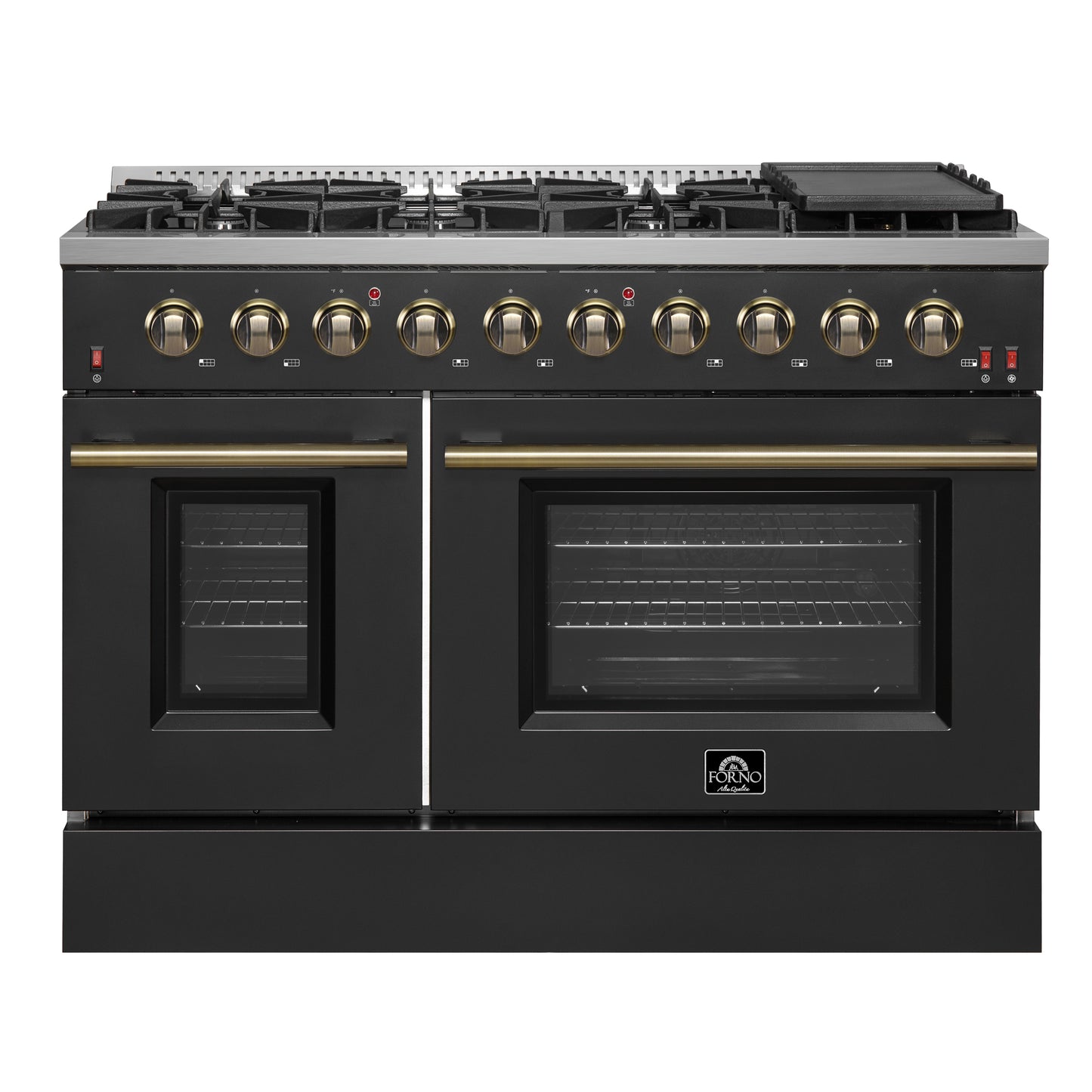 Forno Galiano 48-inch Gas Range with Antique Brass Design, 8 Burners, 107,000 BTU, Griddle, 6.58 cu.ft. Double Ovens