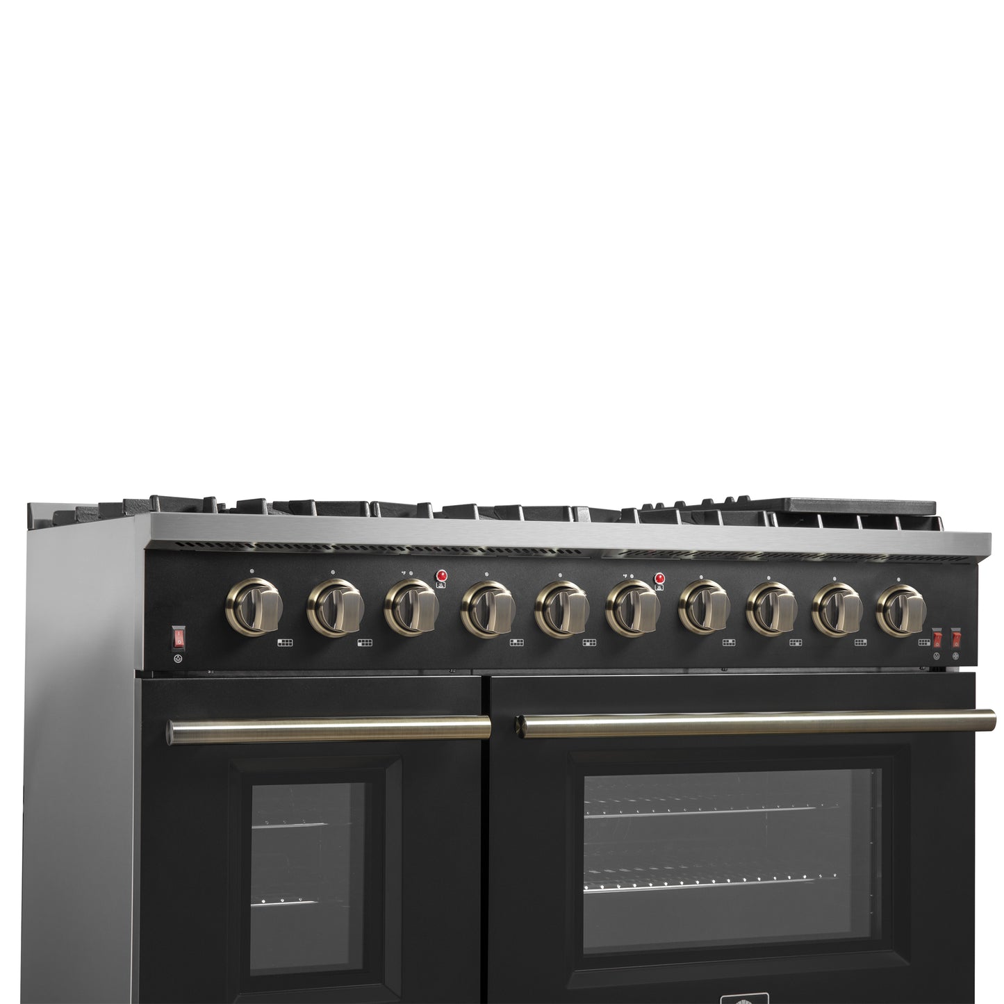 Forno Galiano 48-inch Gas Range with Antique Brass Design, 8 Burners, 107,000 BTU, Griddle, 6.58 cu.ft. Double Ovens