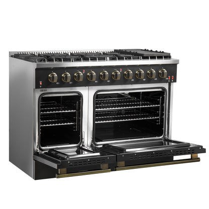 Forno Galiano 48-inch Gas Range with Antique Brass Design, 8 Burners, 107,000 BTU, Griddle, 6.58 cu.ft. Double Ovens