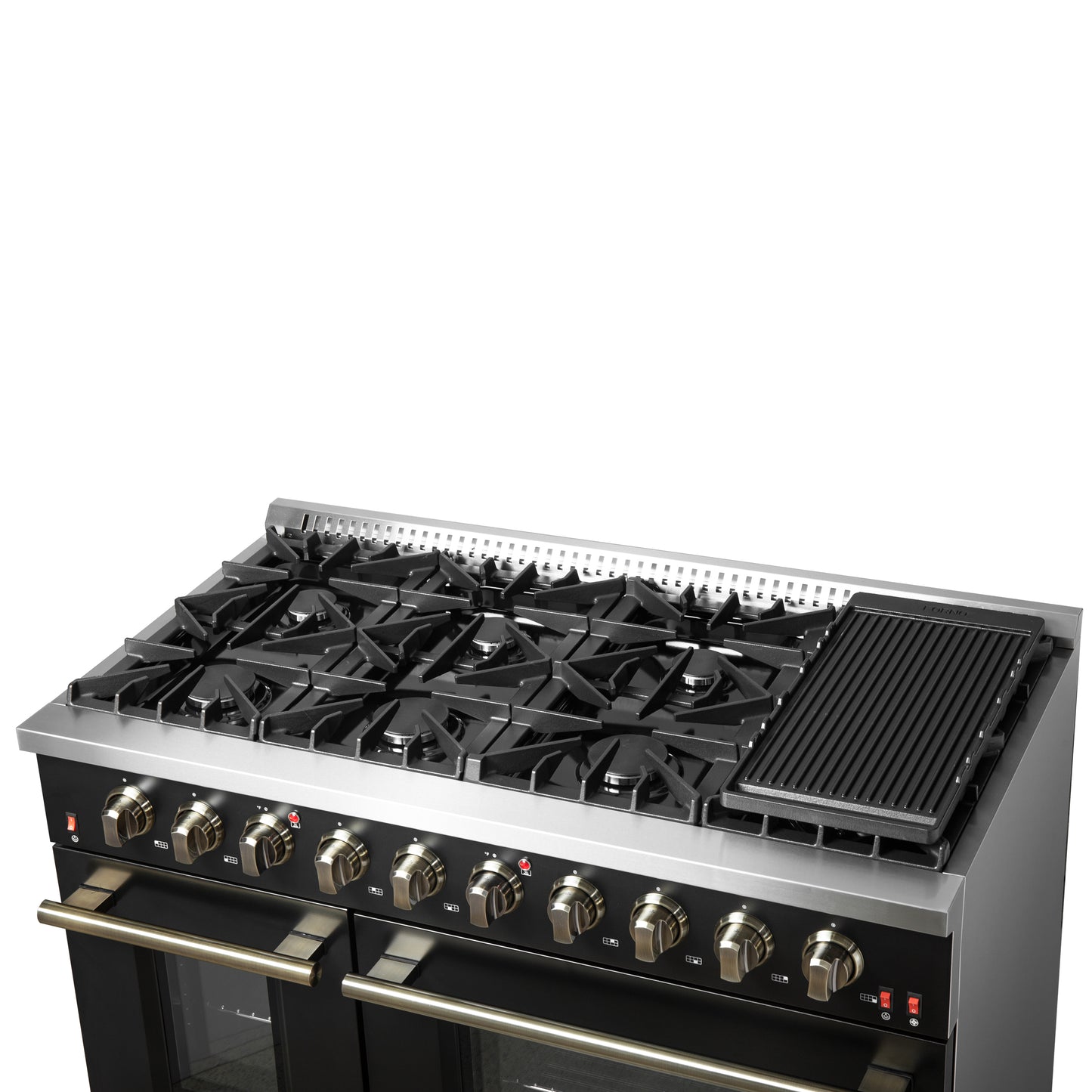Forno Galiano 48-inch Gas Range with Antique Brass Design, 8 Burners, 107,000 BTU, Griddle, 6.58 cu.ft. Double Ovens