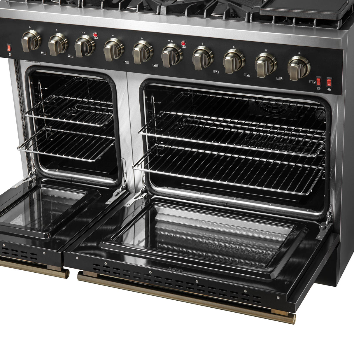Forno Galiano 48-inch Gas Range with Antique Brass Design, 8 Burners, 107,000 BTU, Griddle, 6.58 cu.ft. Double Ovens