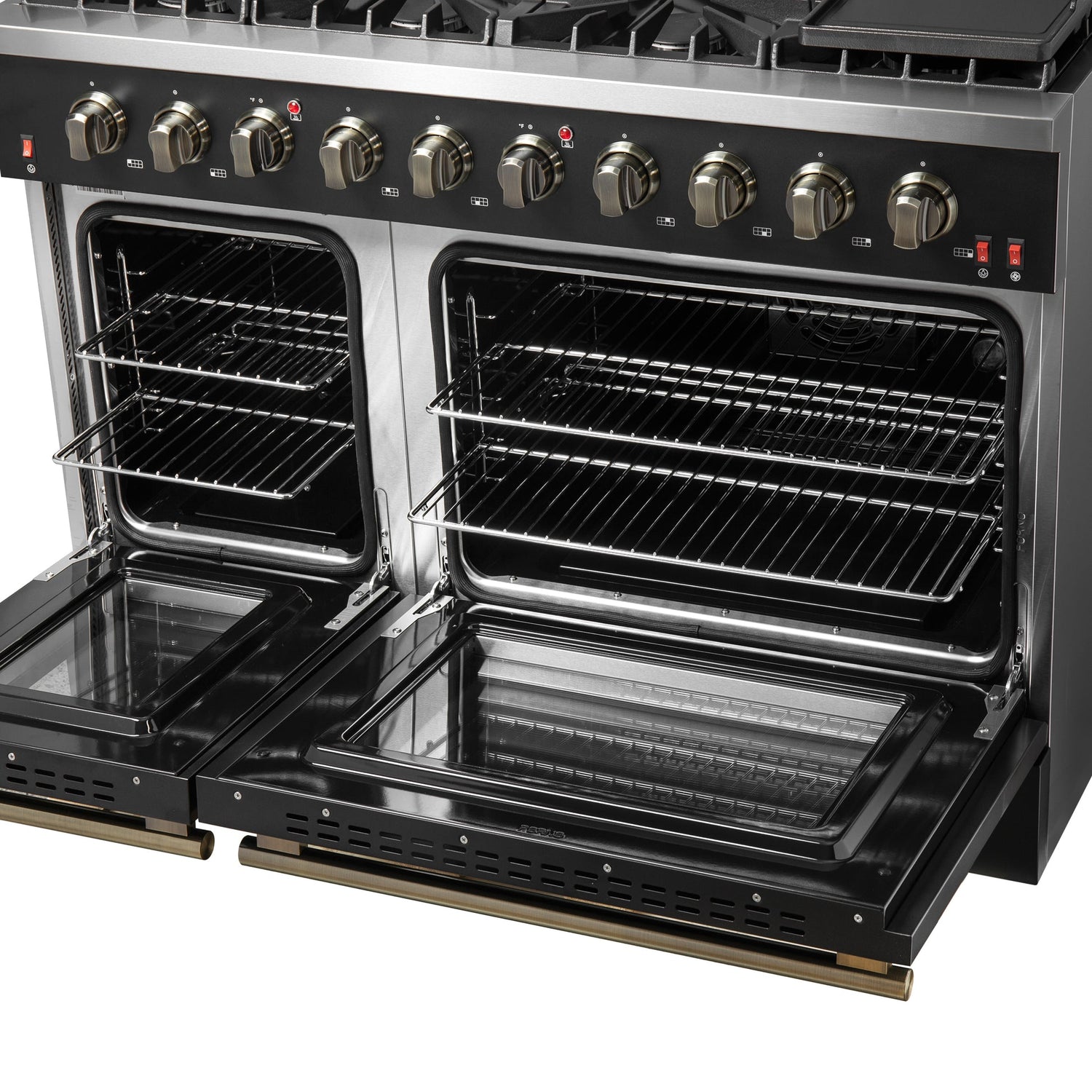 Forno Galiano 48-inch Gas Range with Antique Brass Design, 8 Burners, 107,000 BTU, Griddle, 6.58 cu.ft. Double Ovens