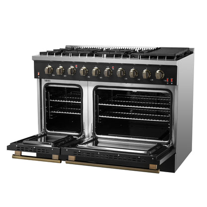 Forno Galiano 48-inch Gas Range with Antique Brass Design, 8 Burners, 107,000 BTU, Griddle, 6.58 cu.ft. Double Ovens