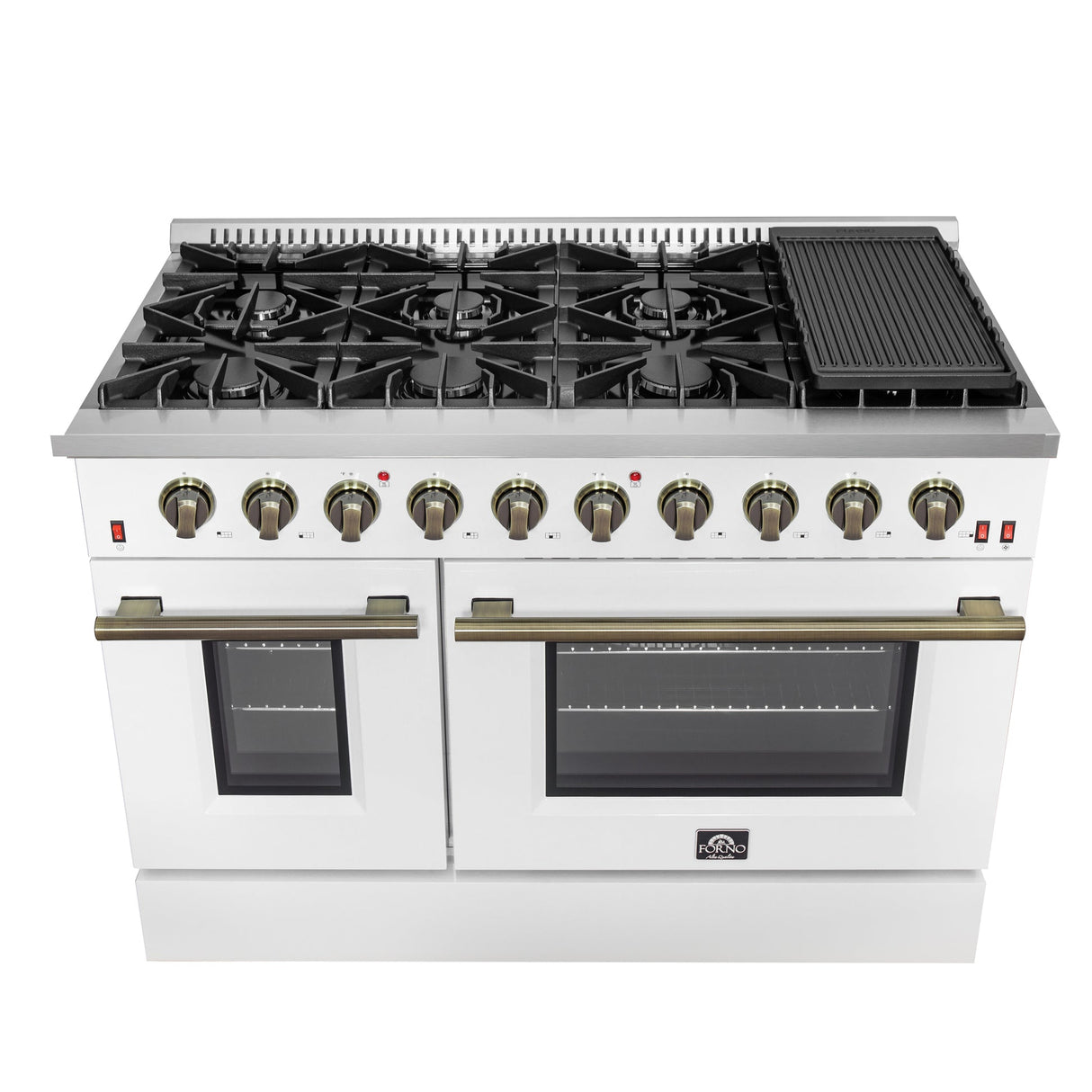Forno Galiano 48-inch Gas Range with Antique Brass Design, 8 Burners, 107,000 BTU, Griddle, 6.58 cu.ft. Double Ovens