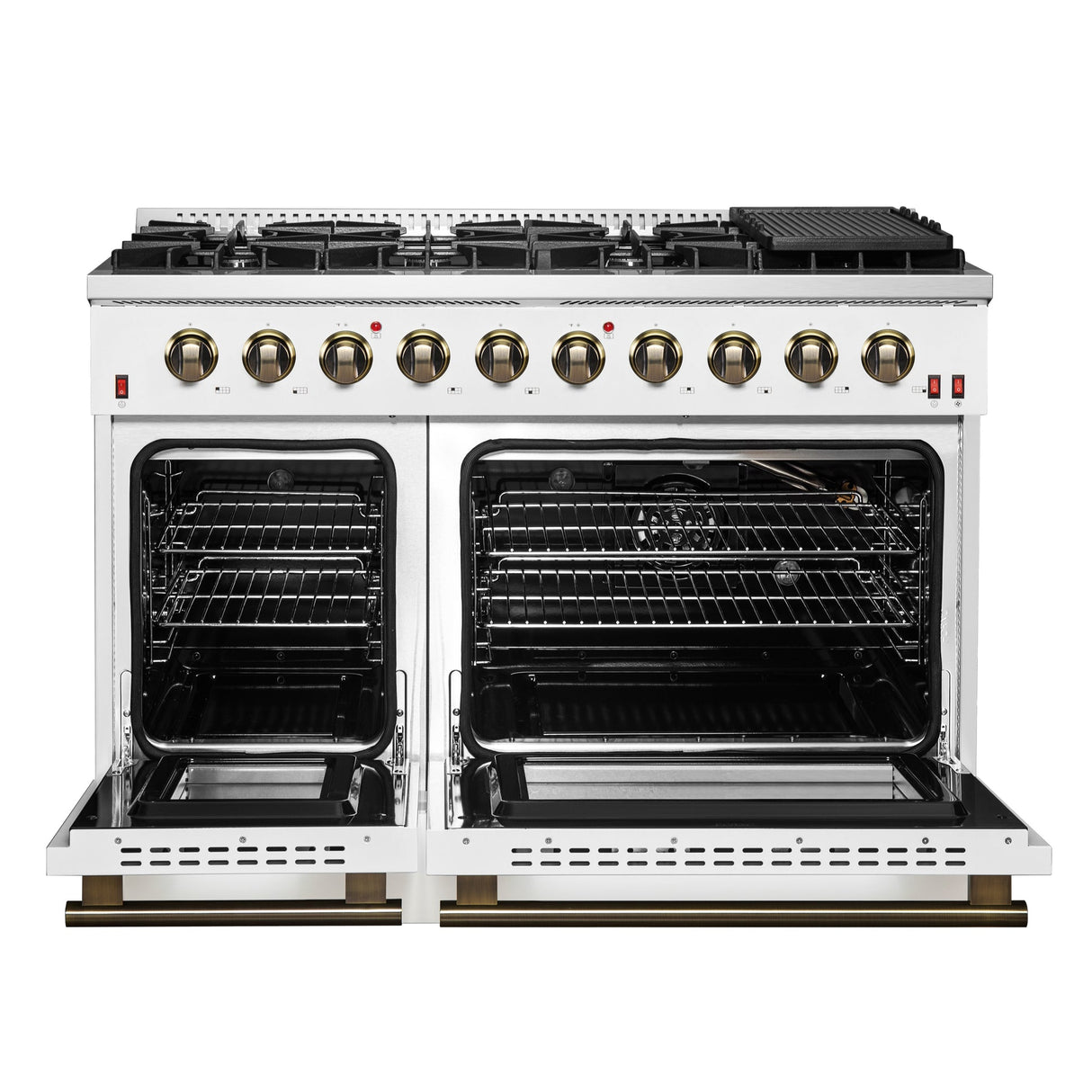 Forno Galiano 48-inch Gas Range with Antique Brass Design, 8 Burners, 107,000 BTU, Griddle, 6.58 cu.ft. Double Ovens