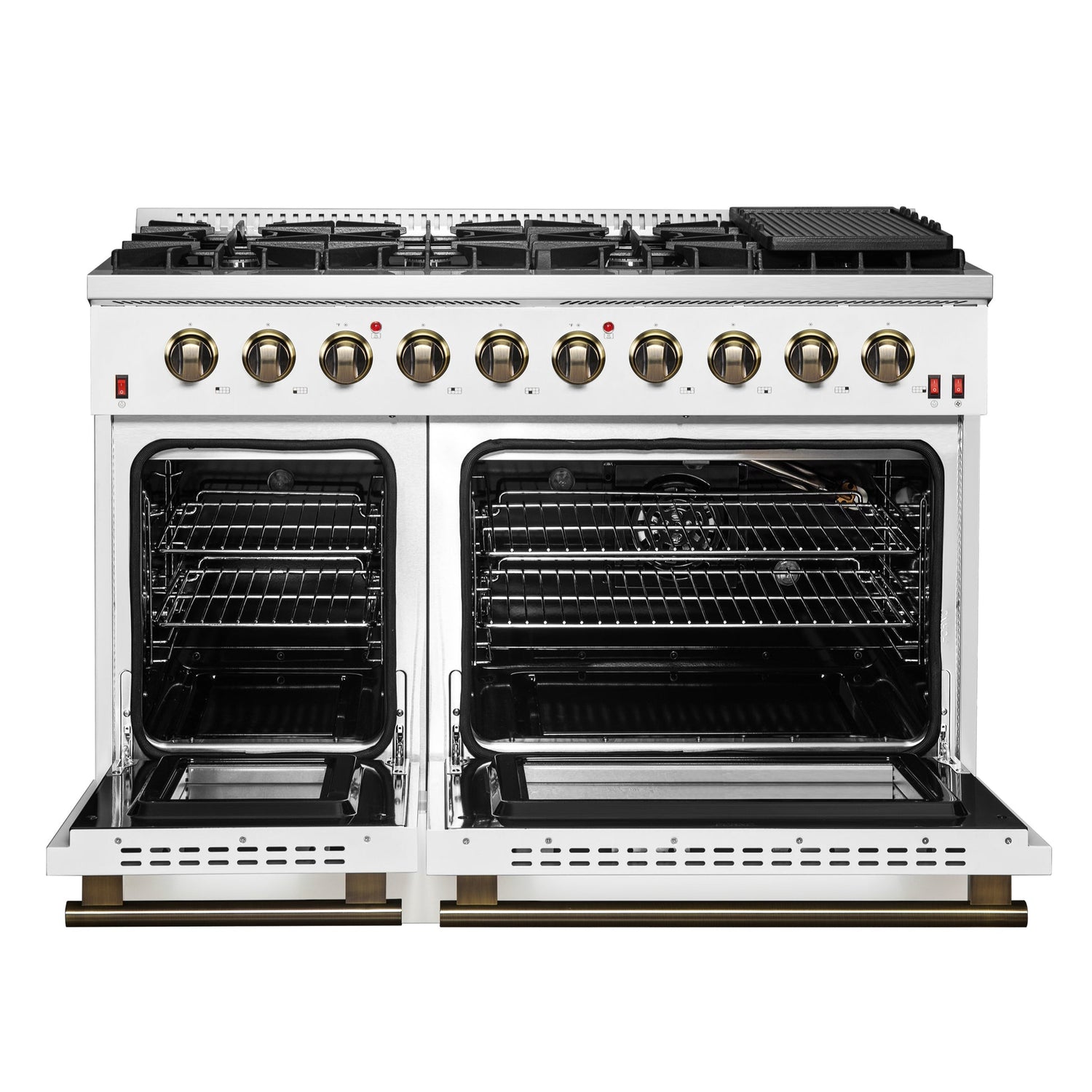 Forno Galiano 48-inch Gas Range with Antique Brass Design, 8 Burners, 107,000 BTU, Griddle, 6.58 cu.ft. Double Ovens