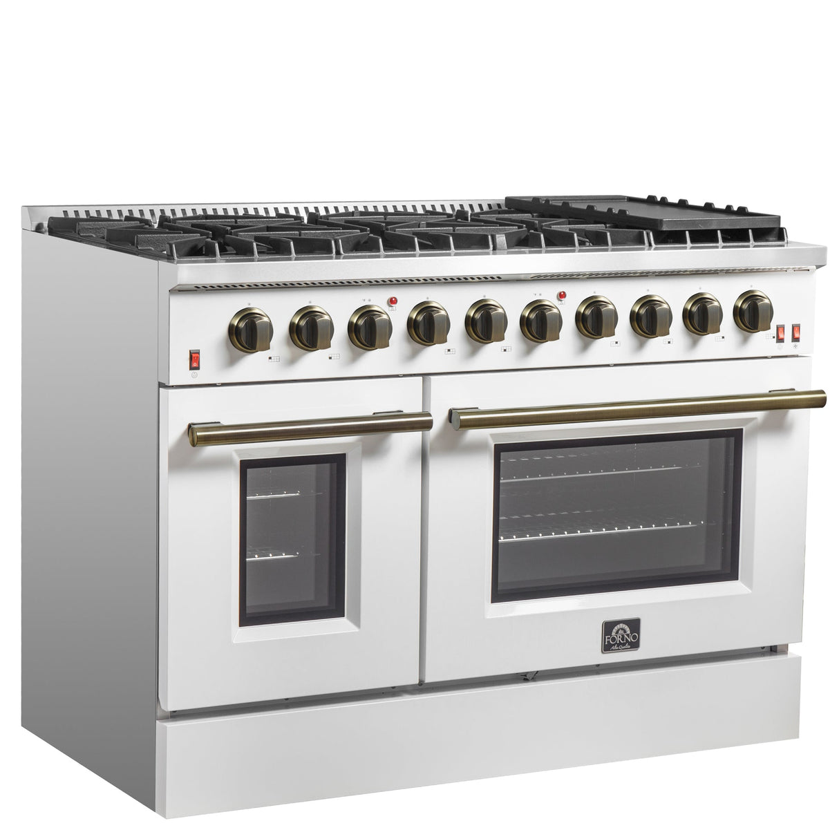 Forno Galiano 48-inch Gas Range with Antique Brass Design, 8 Burners, 107,000 BTU, Griddle, 6.58 cu.ft. Double Ovens