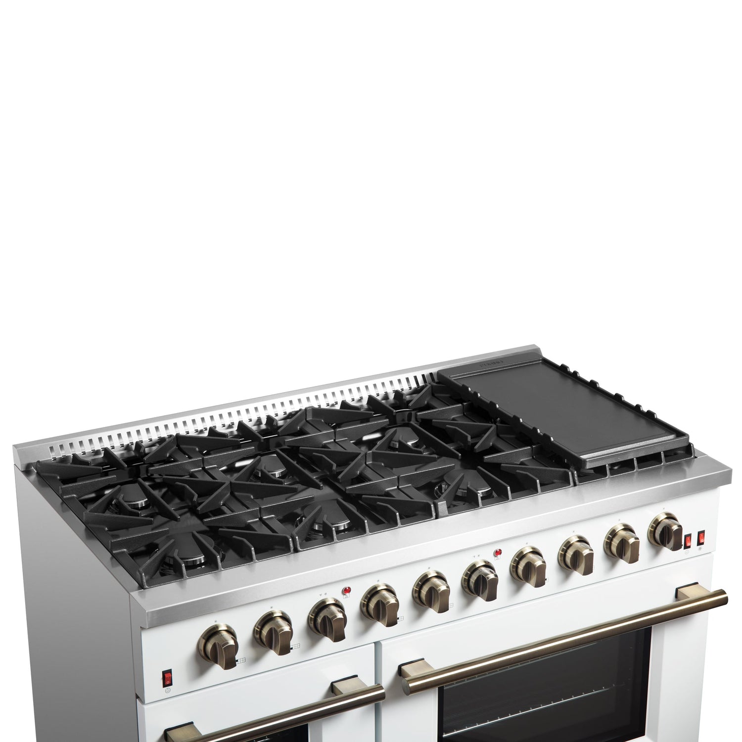 Forno Galiano 48-inch Gas Range with Antique Brass Design, 8 Burners, 107,000 BTU, Griddle, 6.58 cu.ft. Double Ovens