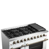 Forno Galiano 48-inch Gas Range with Antique Brass Design, 8 Burners, 107,000 BTU, Griddle, 6.58 cu.ft. Double Ovens