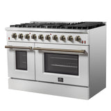 Forno Galiano 48-inch Gas Range with Antique Brass Design, 8 Burners, 107,000 BTU, Griddle, 6.58 cu.ft. Double Ovens
