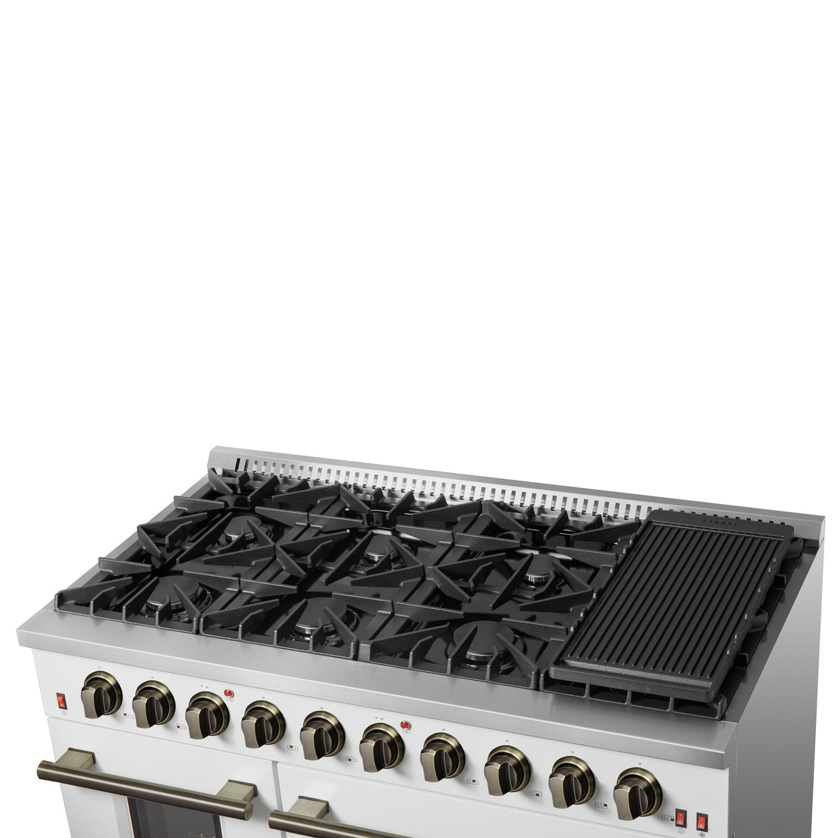 Forno Galiano 48-inch Gas Range with Antique Brass Design, 8 Burners, 107,000 BTU, Griddle, 6.58 cu.ft. Double Ovens