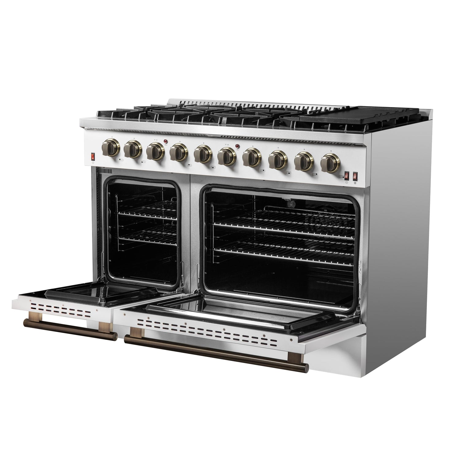 Forno Galiano 48-inch Gas Range with Antique Brass Design, 8 Burners, 107,000 BTU, Griddle, 6.58 cu.ft. Double Ovens
