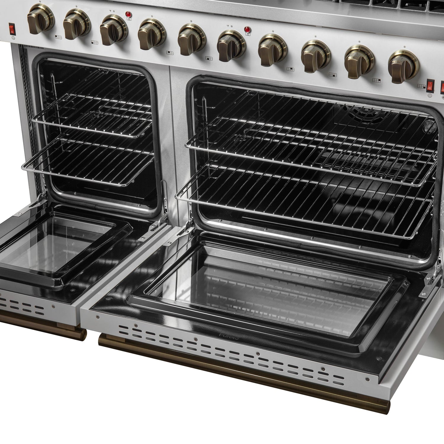 Forno Galiano 48-inch Gas Range with Antique Brass Design, 8 Burners, 107,000 BTU, Griddle, 6.58 cu.ft. Double Ovens