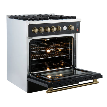 Forno Giovanni 30-inch Gas Range with Antique Brass Design, 5 Burners 67,000 BTU, 4.32 cu.ft. Convection Oven