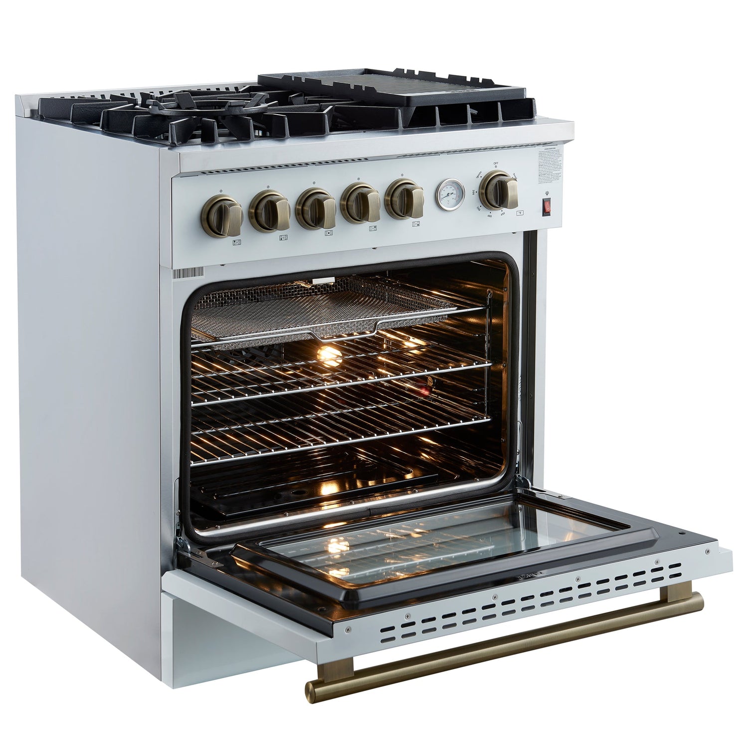Forno Giovanni 30-inch Gas Range with Antique Brass Design, 5 Burners 67,000 BTU, 4.32 cu.ft. Convection Oven
