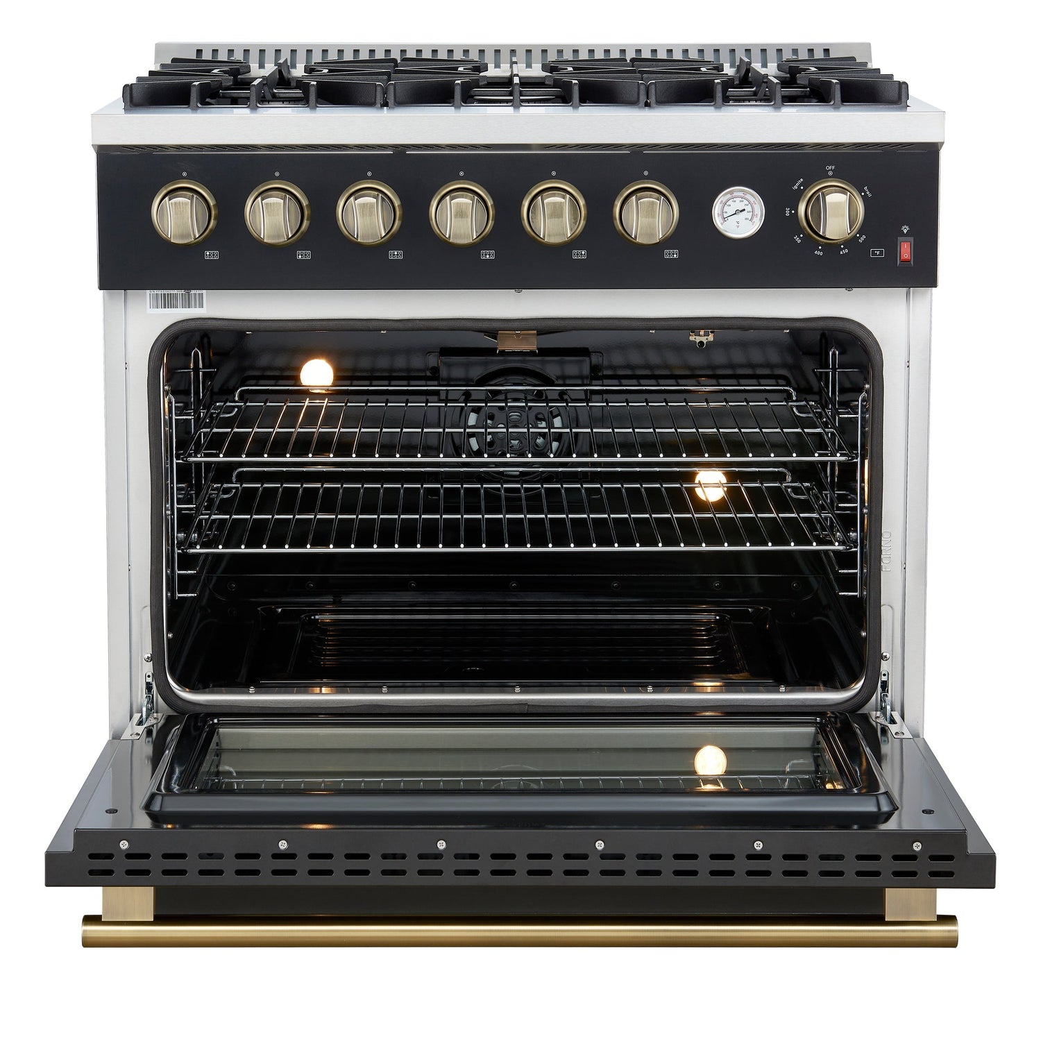Forno Marco Gas Range with Antique Brass Design, Convection Oven