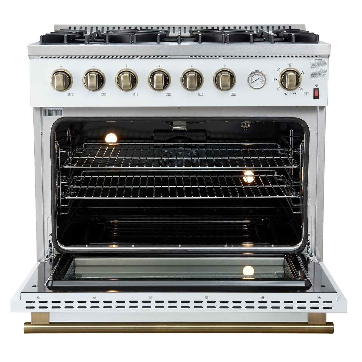 Forno Marco Gas Range with Antique Brass Design, Convection Oven