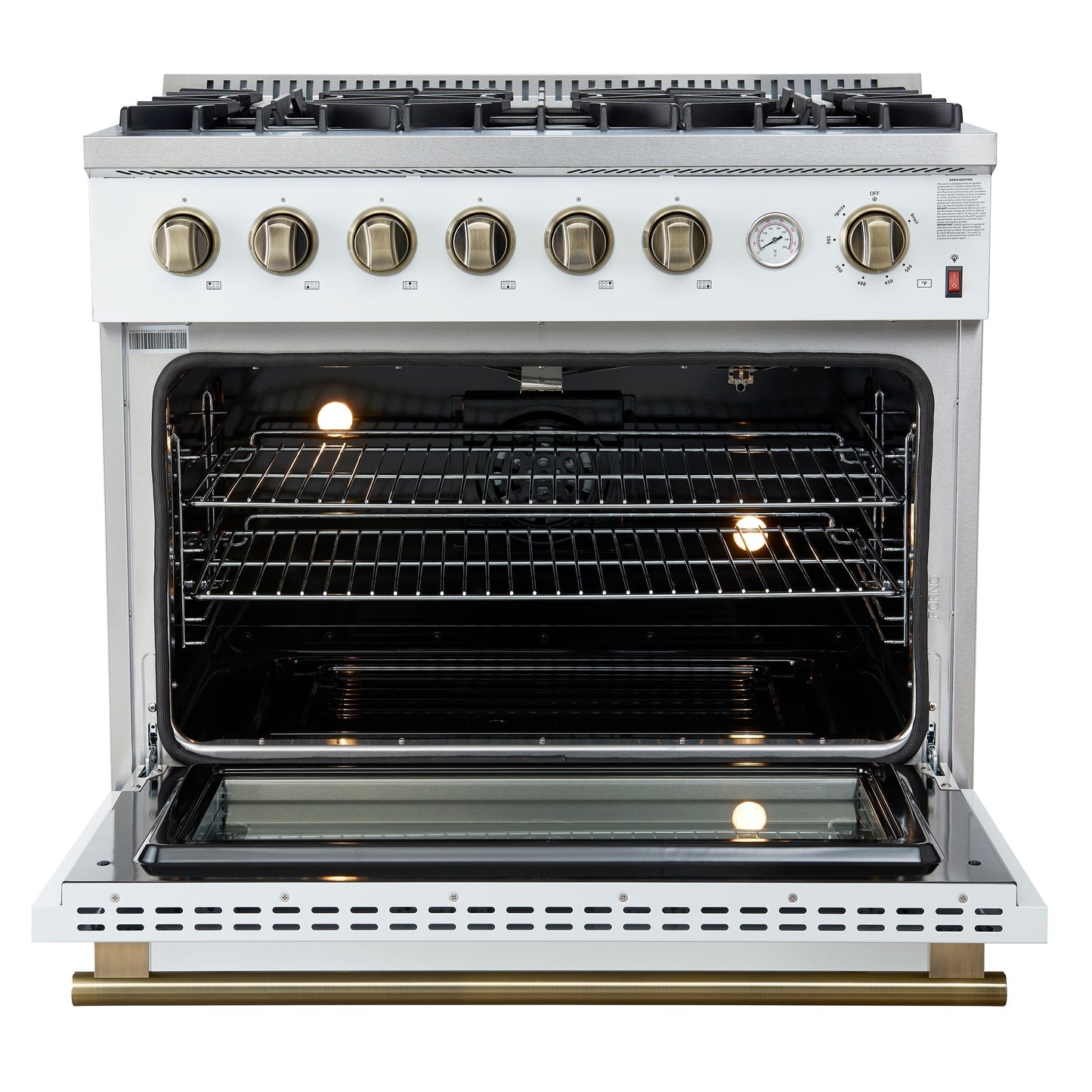 Forno Marco Gas Range with Antique Brass Design, Convection Oven
