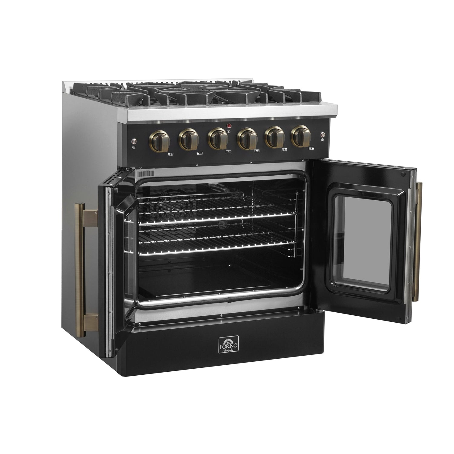 Forno Galiano French Door Gas Range with Antique Brass Design, Convection Oven
