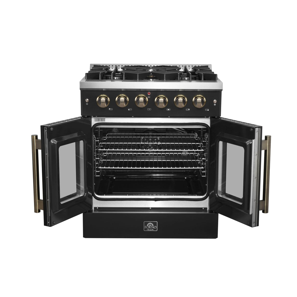 Forno Galiano French Door Gas Range with Antique Brass Design, Convection Oven