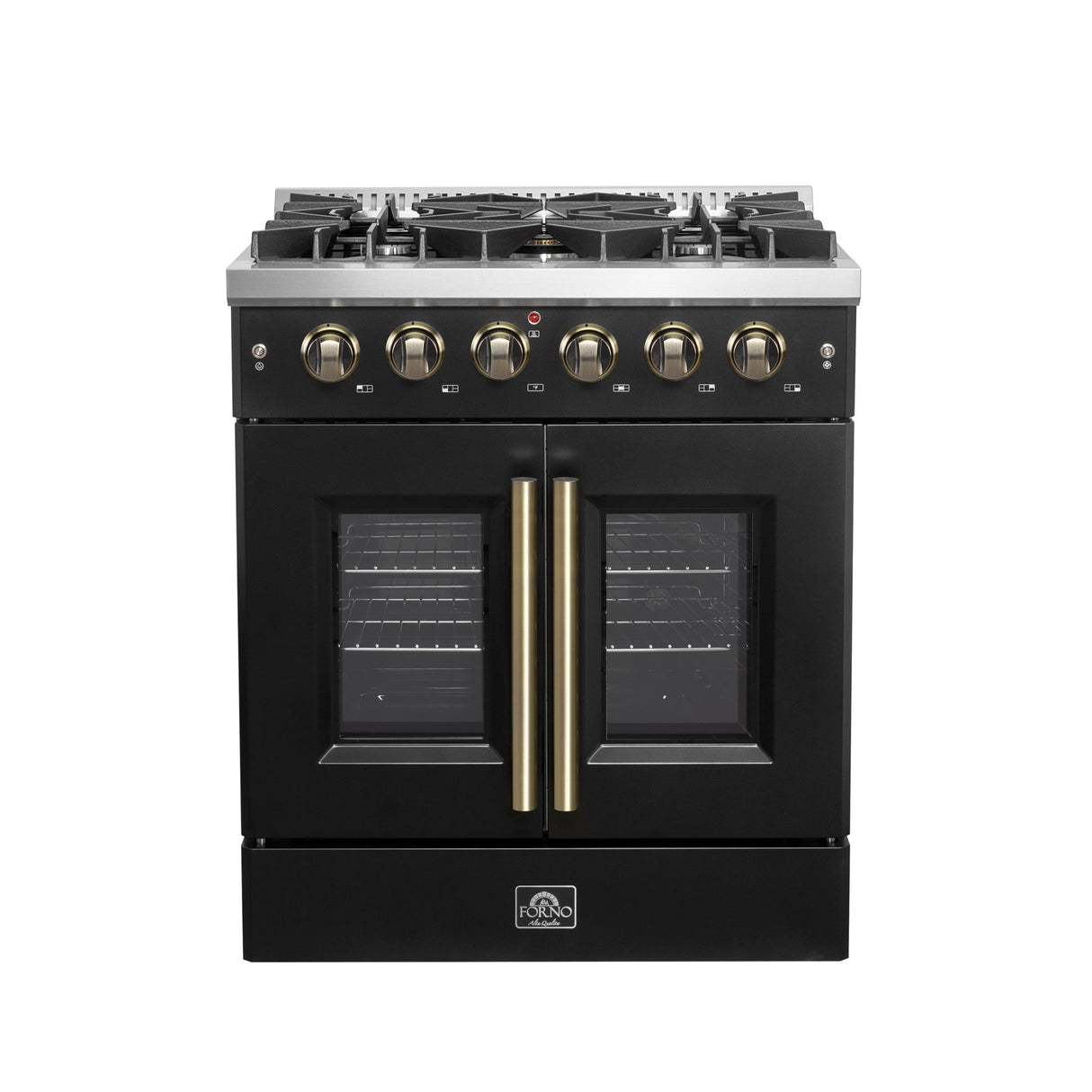 Forno Galiano French Door Gas Range with Antique Brass Design, Convection Oven