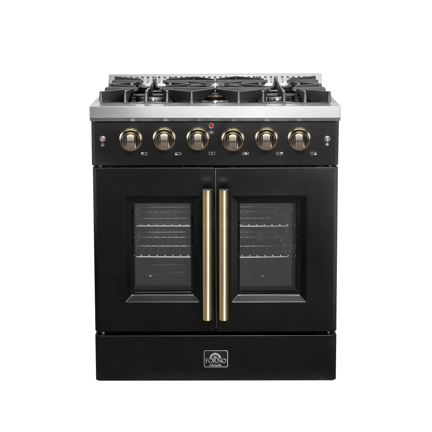 Forno Galiano French Door Gas Range with Antique Brass Design, Convection Oven