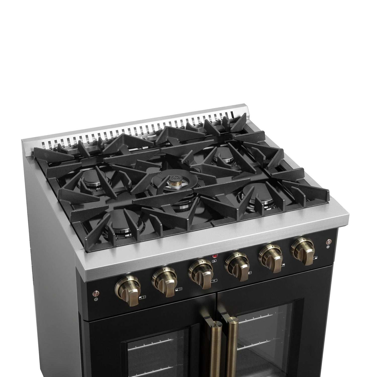 Forno Galiano French Door Gas Range with Antique Brass Design, Convection Oven