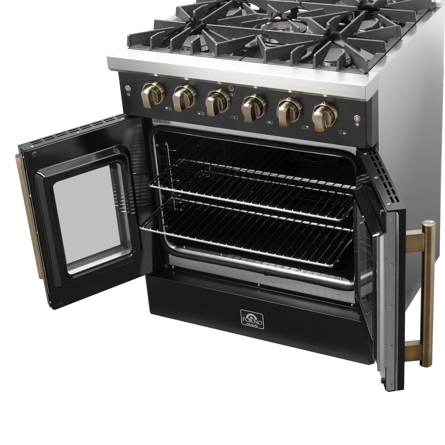 Forno Galiano French Door Gas Range with Antique Brass Design, Convection Oven