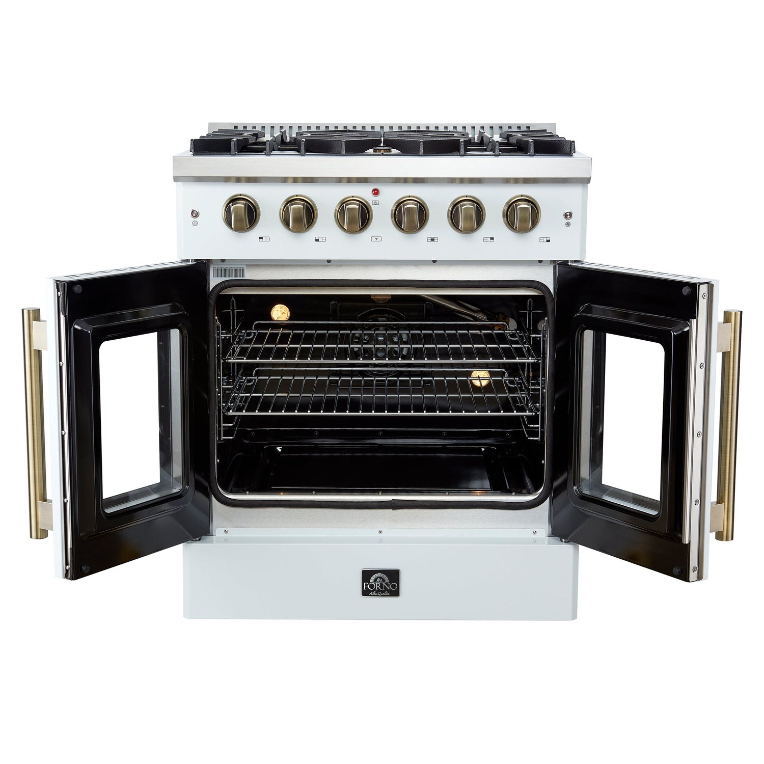Forno Galiano French Door Gas Range with Antique Brass Design, Convection Oven