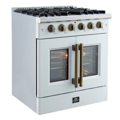 Forno Galiano French Door Gas Range with Antique Brass Design, Convection Oven