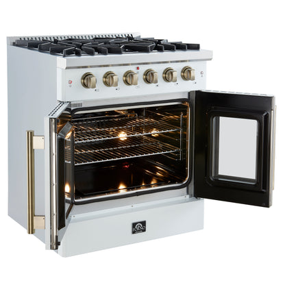 Forno Galiano French Door Gas Range with Antique Brass Design, Convection Oven