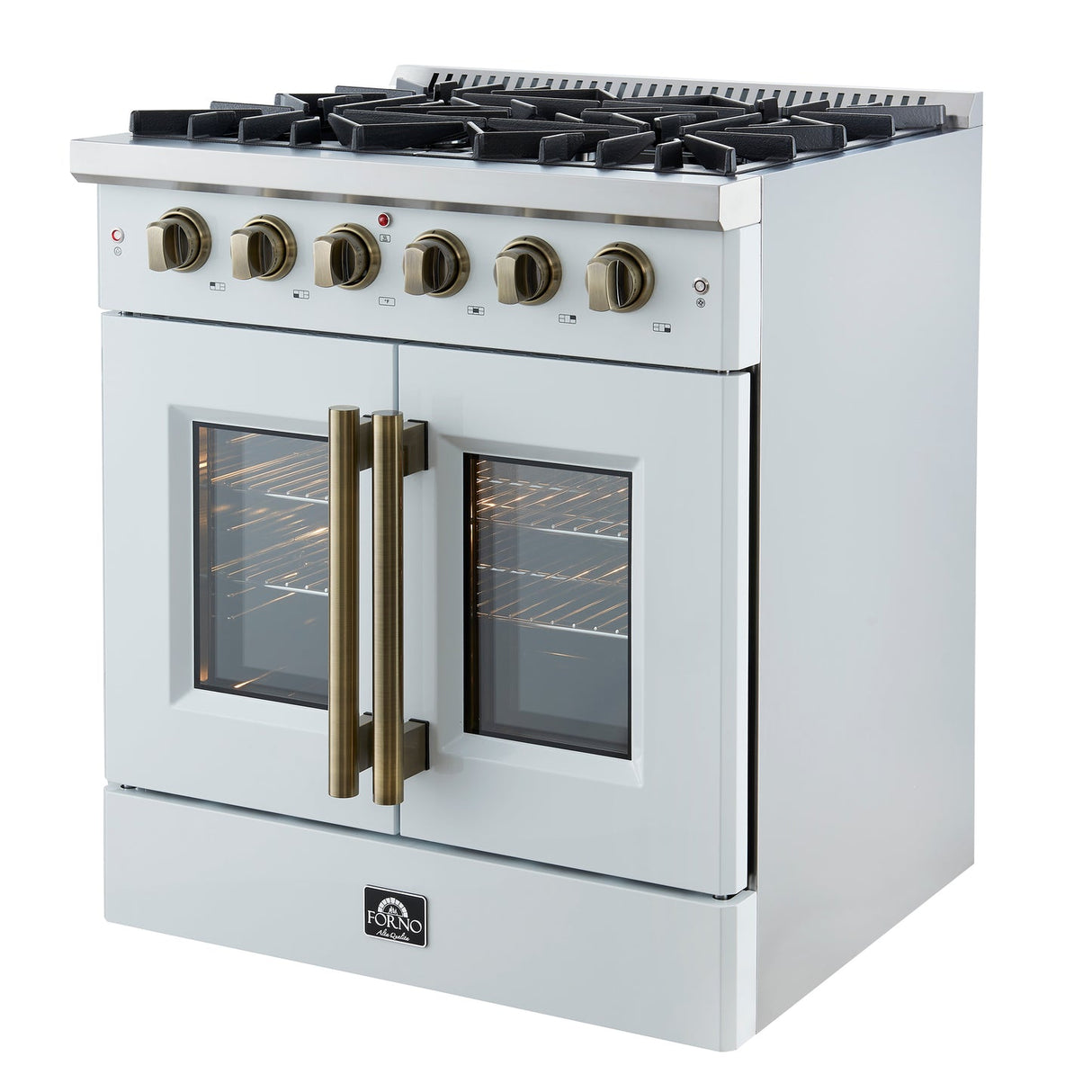 Forno Galiano French Door Gas Range with Antique Brass Design, Convection Oven