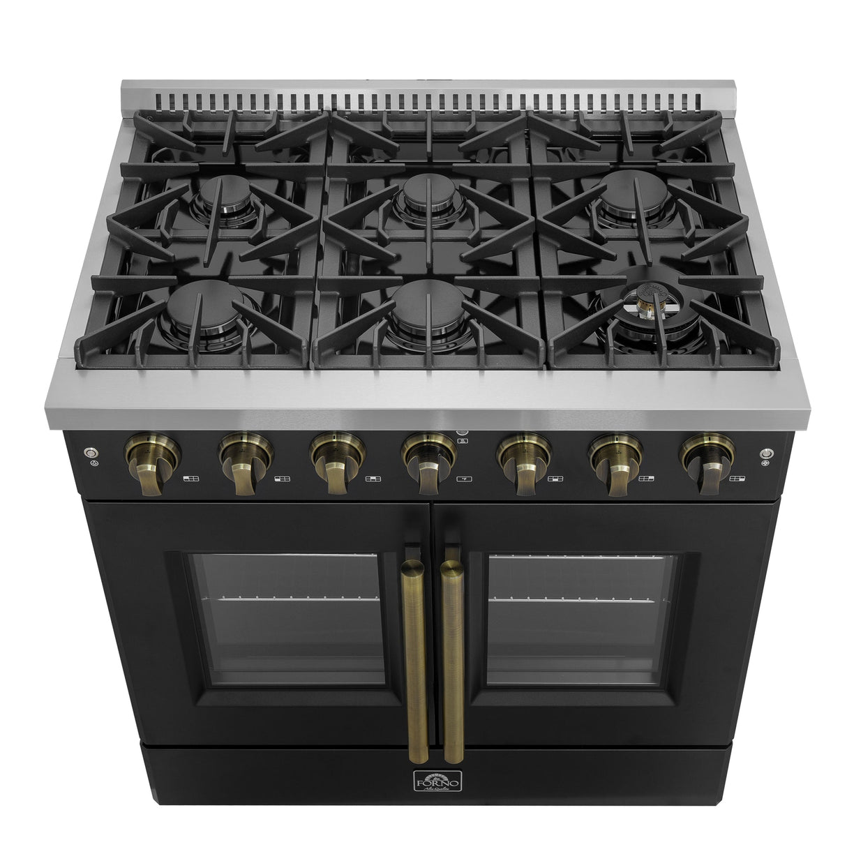 Forno Galiano French Door Gas Range with Antique Brass Design, Convection Oven