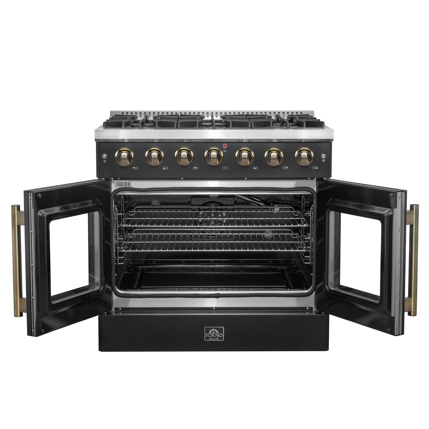 Forno Galiano French Door Gas Range with Antique Brass Design, Convection Oven