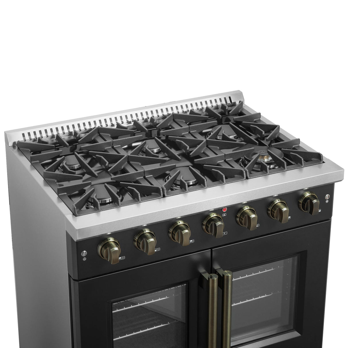 Forno Galiano French Door Gas Range with Antique Brass Design, Convection Oven