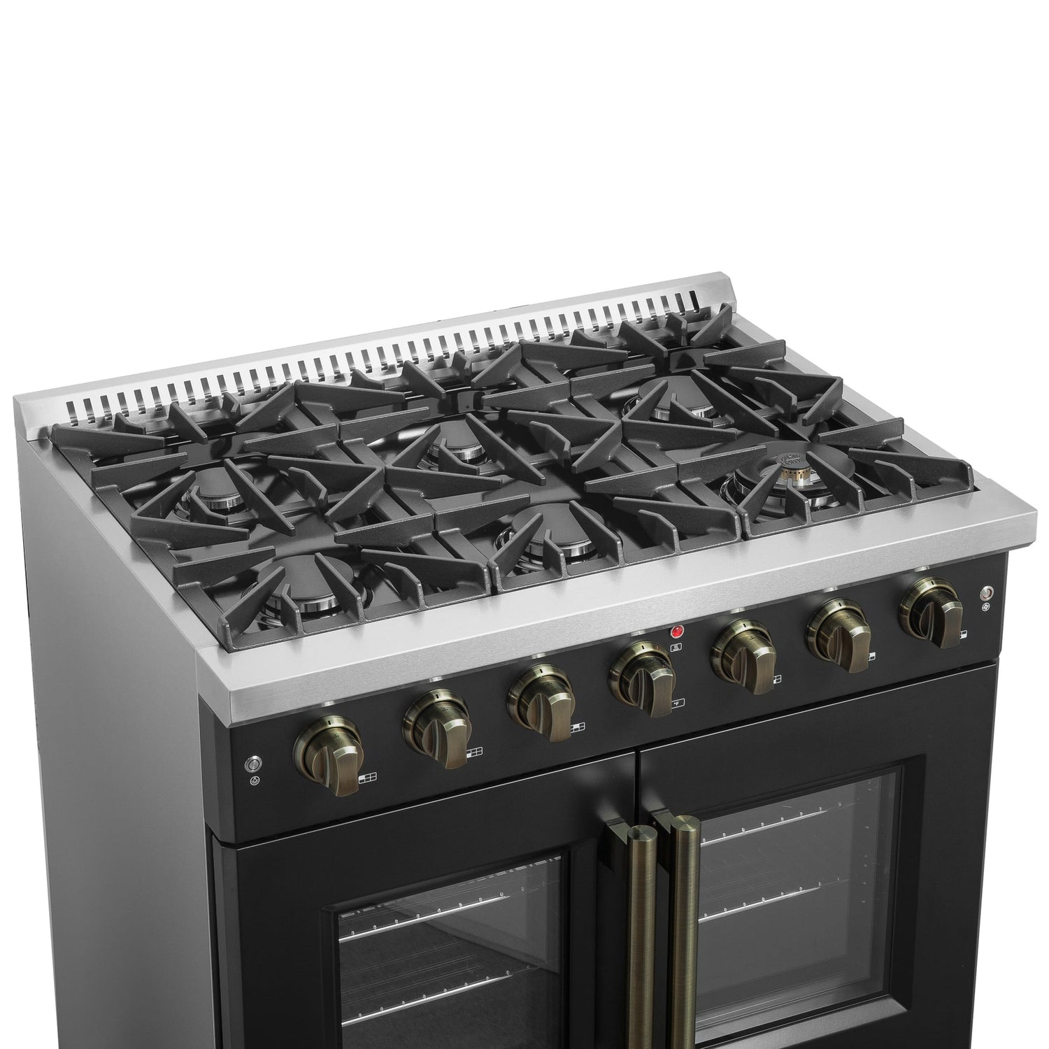 Forno Galiano French Door Gas Range with Antique Brass Design, Convection Oven