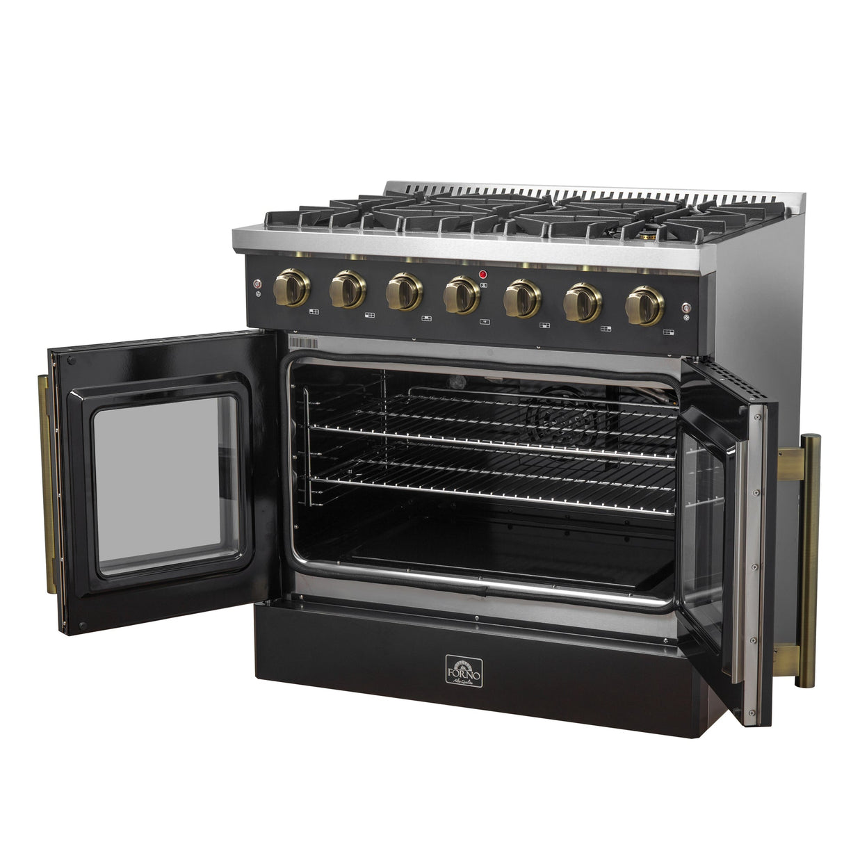 Forno Galiano French Door Gas Range with Antique Brass Design, Convection Oven