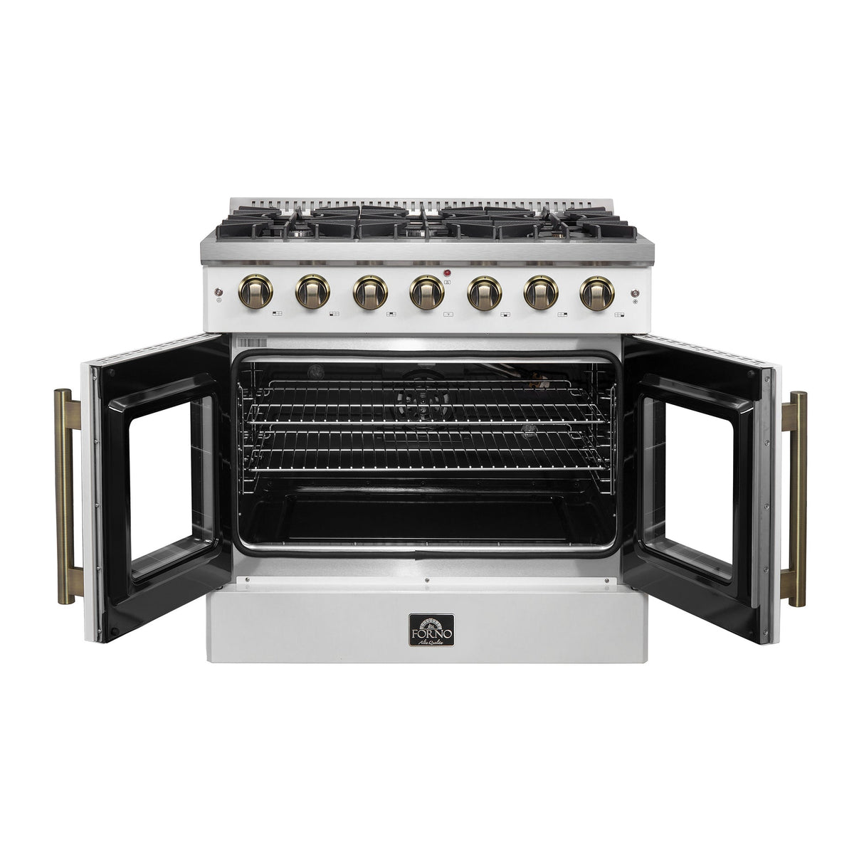 Forno Galiano French Door Gas Range with Antique Brass Design, Convection Oven