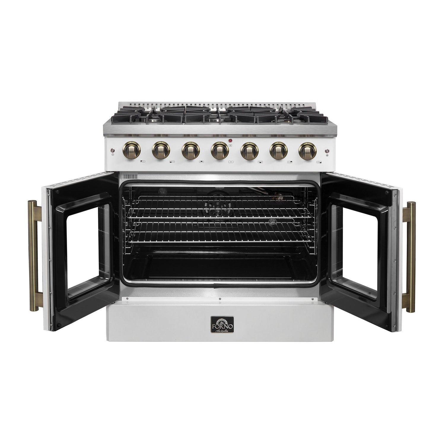 Forno Galiano French Door Gas Range with Antique Brass Design, Convection Oven