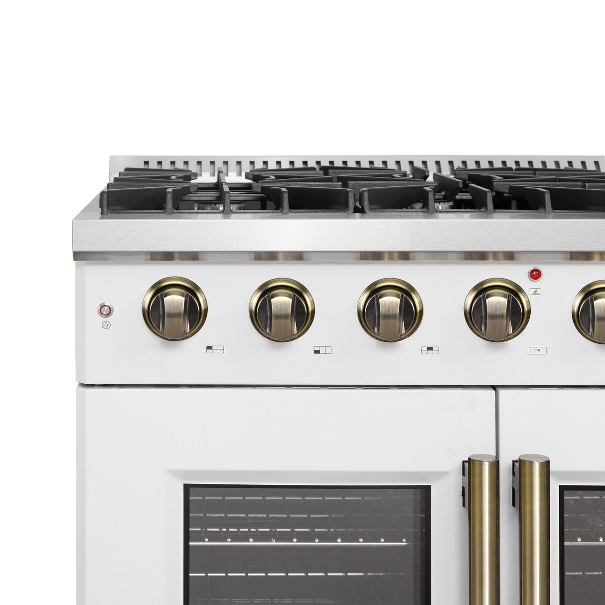 Forno Galiano French Door Gas Range with Antique Brass Design, Convection Oven